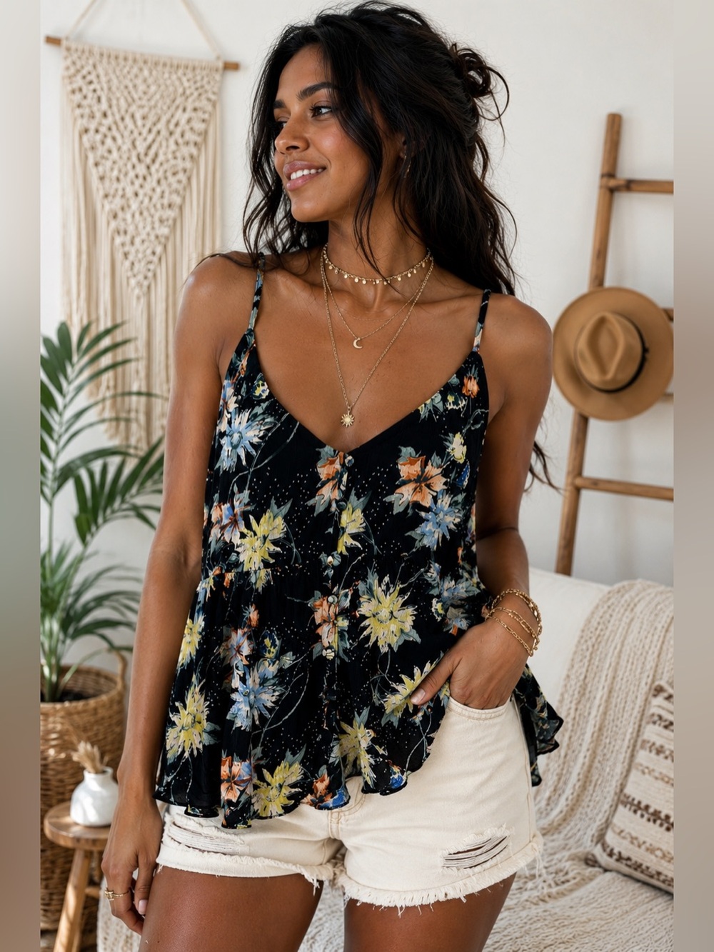 O’Neill Floral Flowy Cami Tank Top Boho Festival Beachy Babydoll